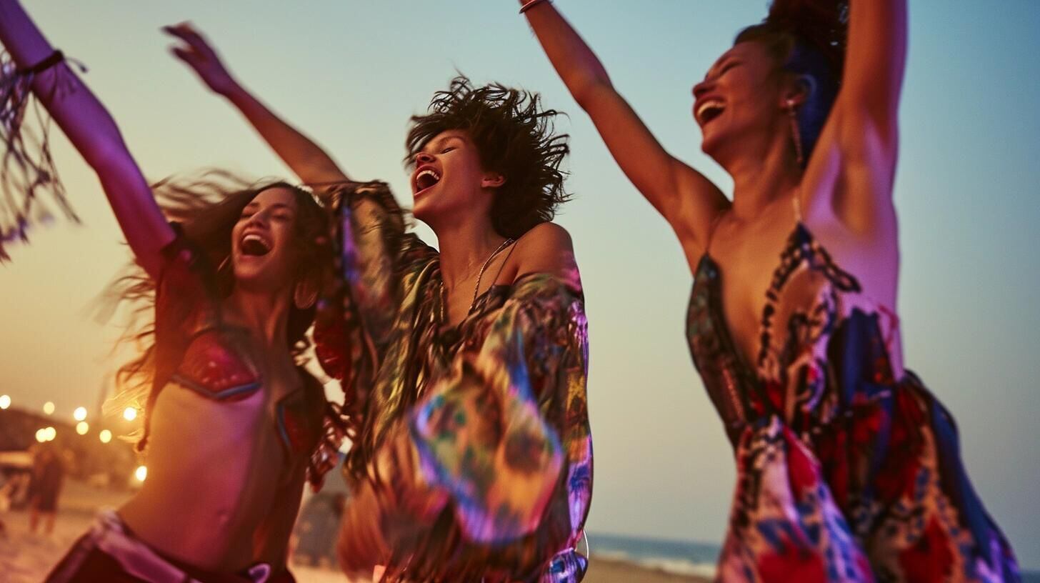 Mujeres jóvenes disfrutando de un baile enérgico en la playa por la noche, vestidas con atuendos modernos y a la moda. La fotografía transmite la atmósfera vibrante de la vida nocturna en vacaciones, donde el baile se convierte en una expresión de alegría y descanso. (Imagen ilustrativa Infobae)