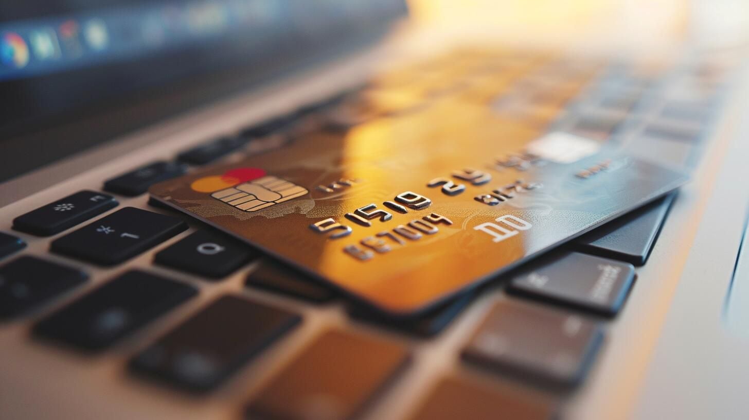 Tarjeta de crédito colocada sobre una laptop, representando las finanzas modernas, compras online y gestión de gastos. Una ilustración visual de la facilidad económica en la era digital. (Imagen Ilustrativa Infobae)