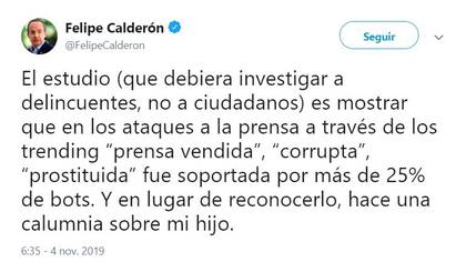 Calderon rechazó que su hijo estuviera detrás de las cuentas mencionadas por el gobierno (Foto: Twitter @FelipeCalderon)