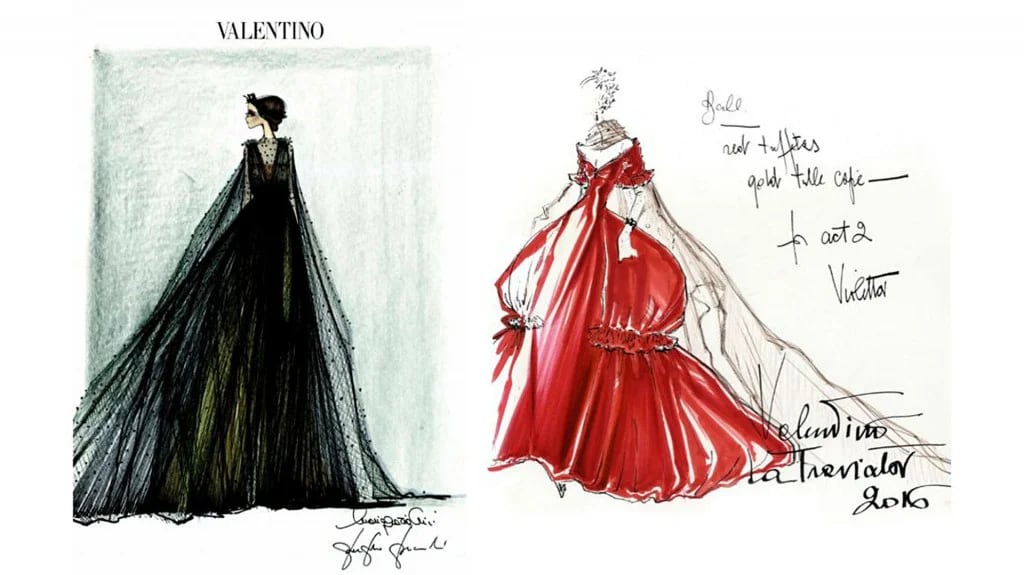 Los bocetos de los diseños de dos de los modelos confeccionados por la maison italiana (Valentino)