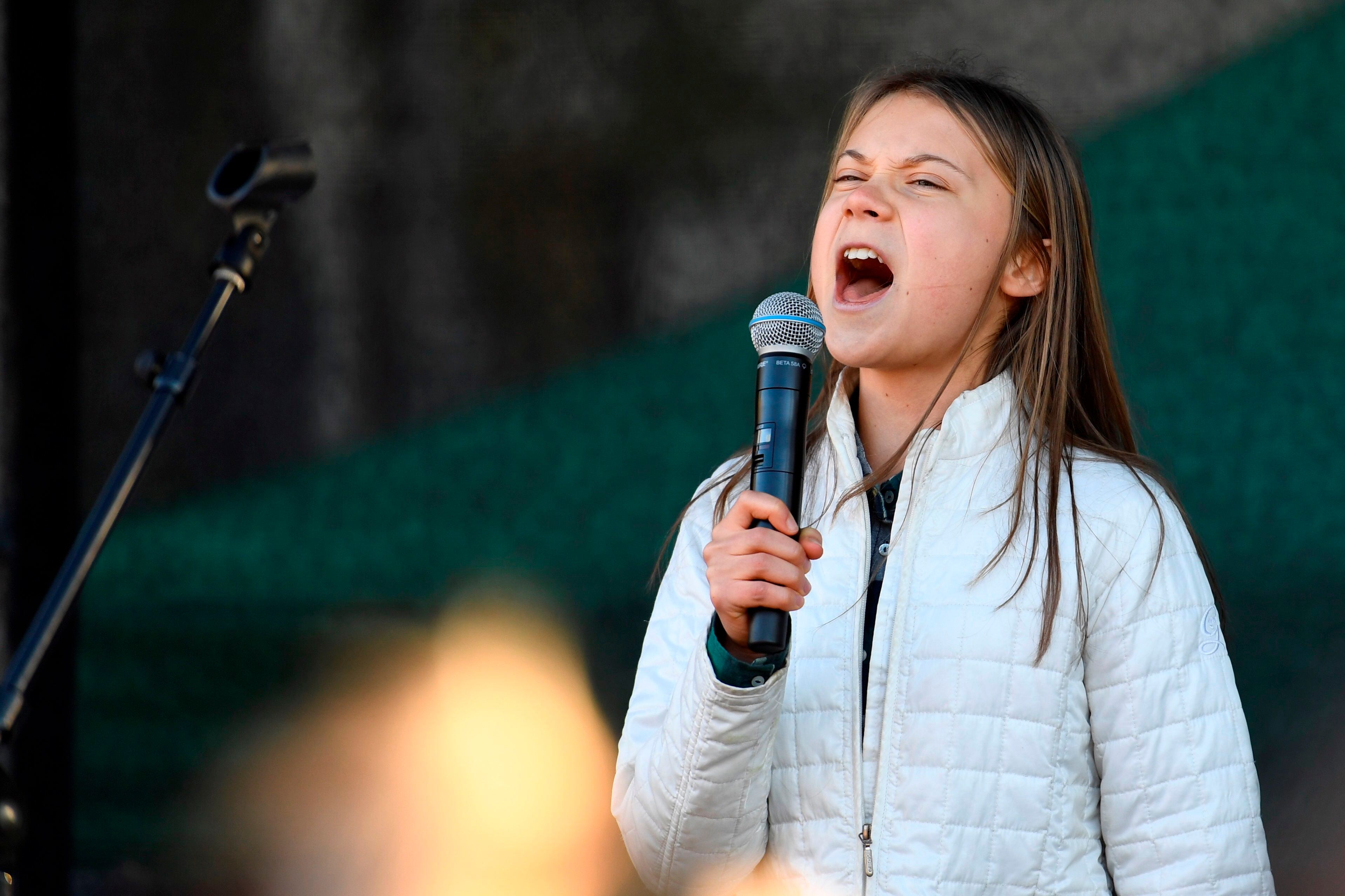 La joven activista Greta Thunberg intervienedurante una manifestación contra la crisis climática del colectivo 'Fridays For Future', este viernes en Estocolmo (Suecia). EFE/ Etrik Simander