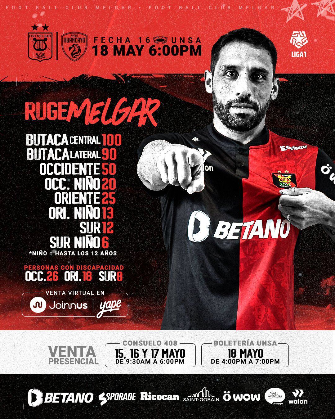Precios de entradas para el Melgar vs Sport Huancayo.