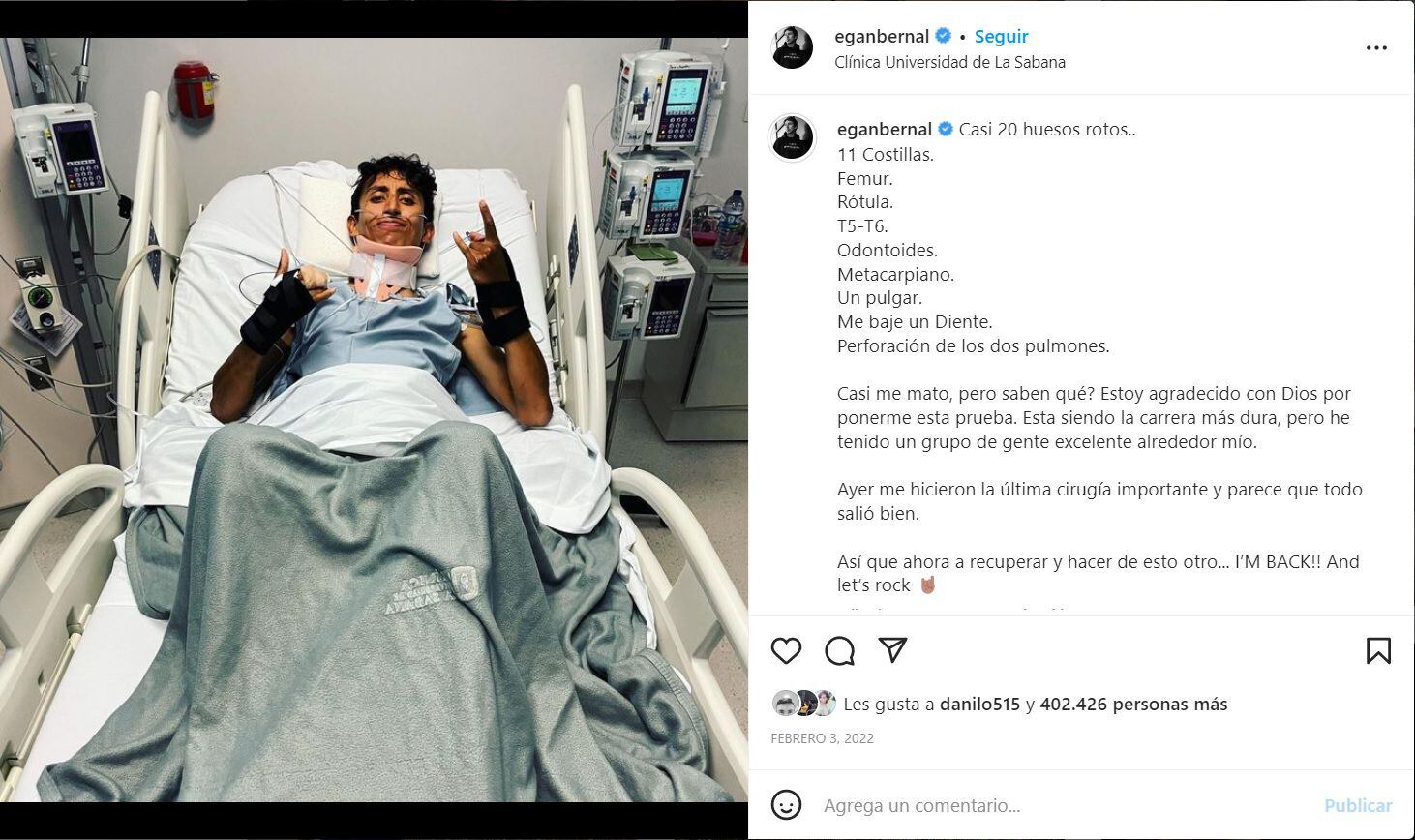 Publicación de Egan Bernal en redes sociales desde el Hospital Universitario La Sabana. El ciclista duro internado dos semanas en los que fue sometido a cinco cirugías de alto riesgo (@eganbernal/Instagram)