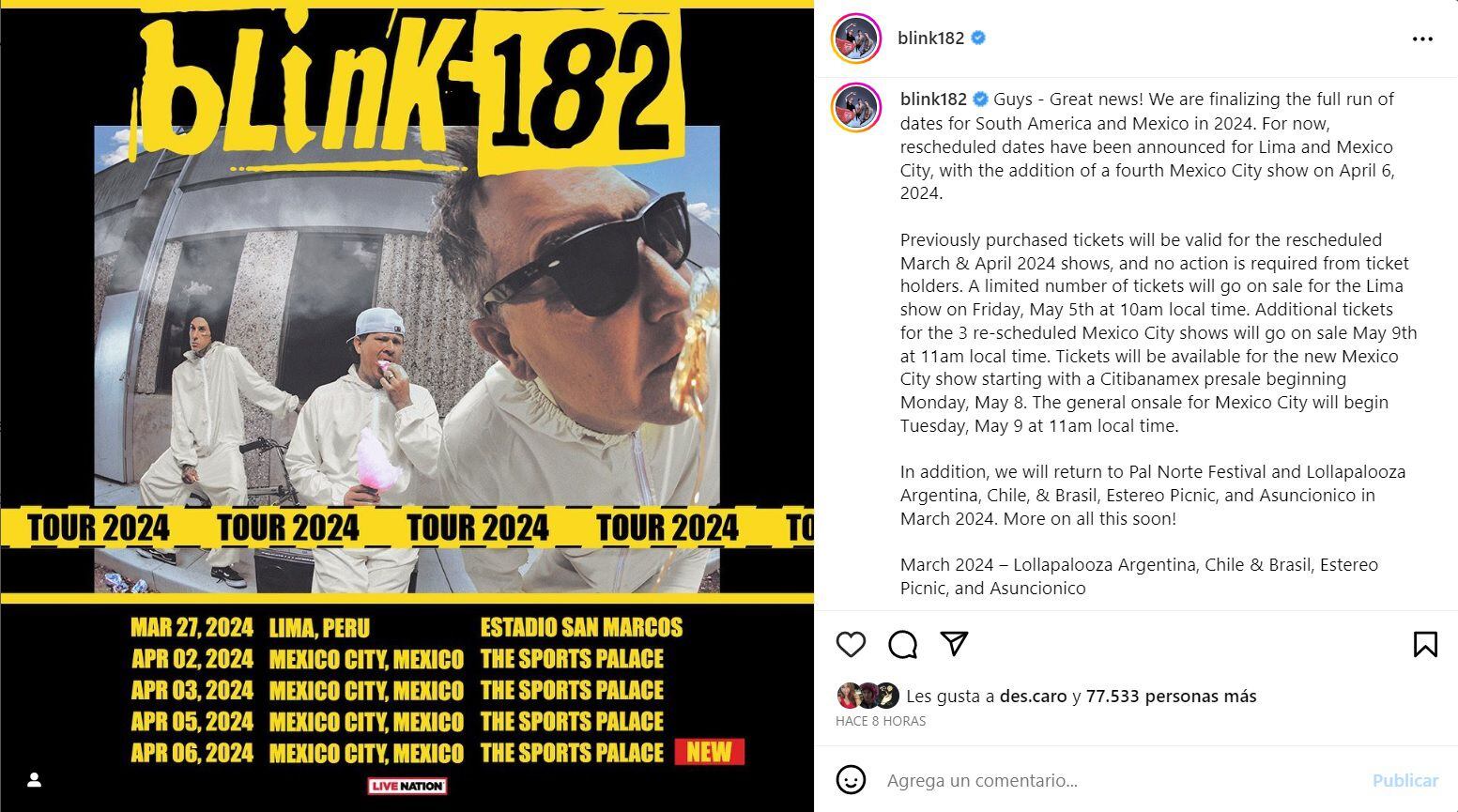 En sus redes sociales, blink-182 confirmó sus intenciones de presentarse en América Latina en el 2024, tras verse forzados a cancelar sus presentaciones por la región en marzo (@blink182/Instagram)