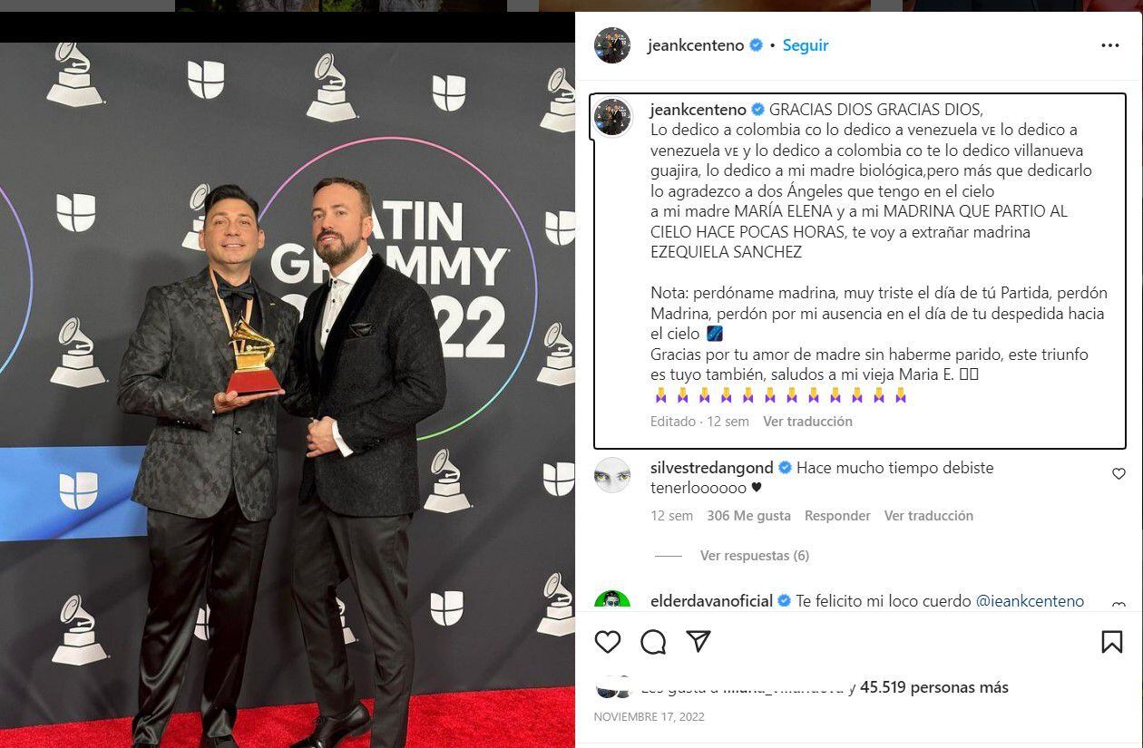 Jean Carlos Centeno, ganador de un Grammy Latino en 2022. Foto: Instagram