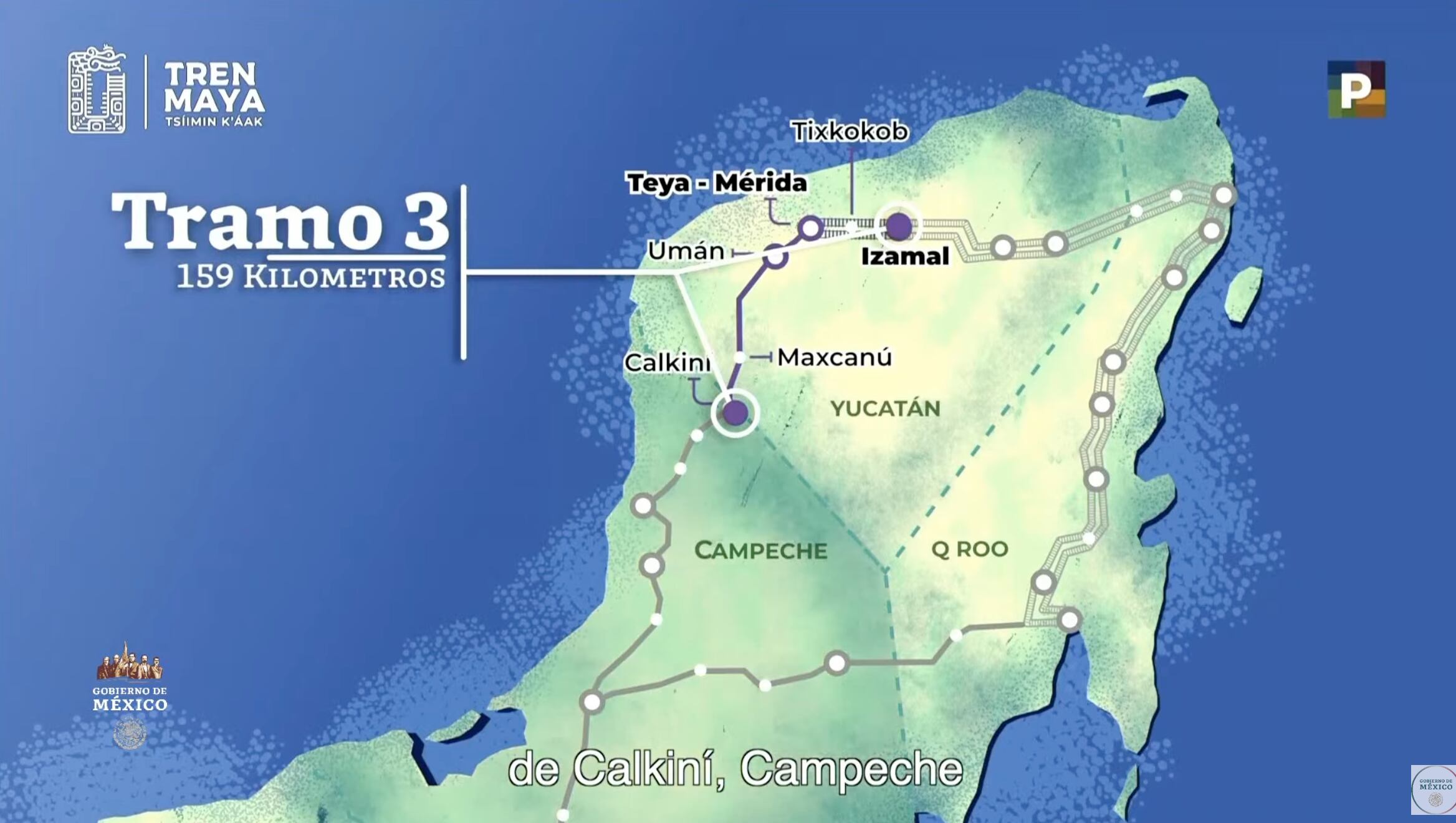 el Tramo 3 del Tren Maya corre de Calkiní a Izamal y cuenta con más de 150 kilómetros de vía.