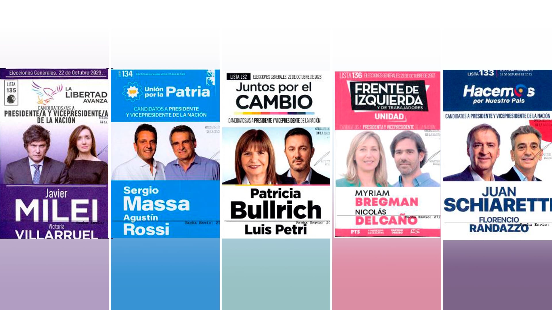 Las boletas electorales de Javier Milei, Sergio Massa, Patricia Bullrich, Myriam Bregman, Juan Schiaretti