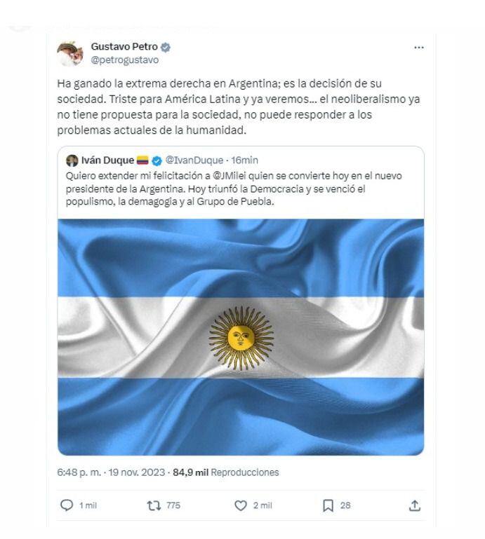 Gustavo Petro se pronunció sobre la victoria de Javier Milei en Argentina