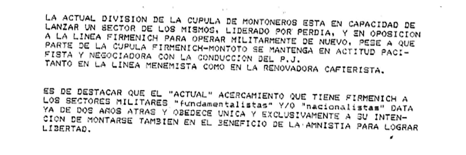 Además del ERP el informe trata la aparente división de Montoneros (Archivo Juan Bautista Yofre)