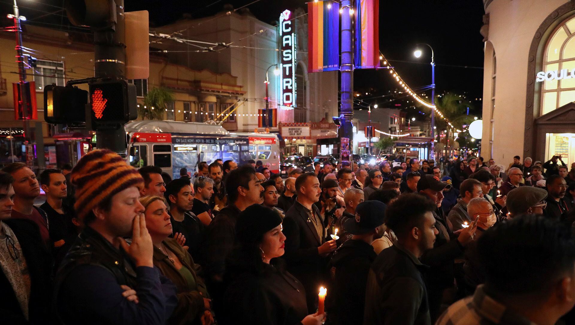In the wake of the Club Q mass shooting in Colorado, hundreds of members of the LGBTQ community and their supporters gather during a candlelight vigil at Harvey Milk Plaza in San Francisco, late Sunday, Nov. 20, 2022. (Scott Strazzante/San Francisco Chronicle via AP)
