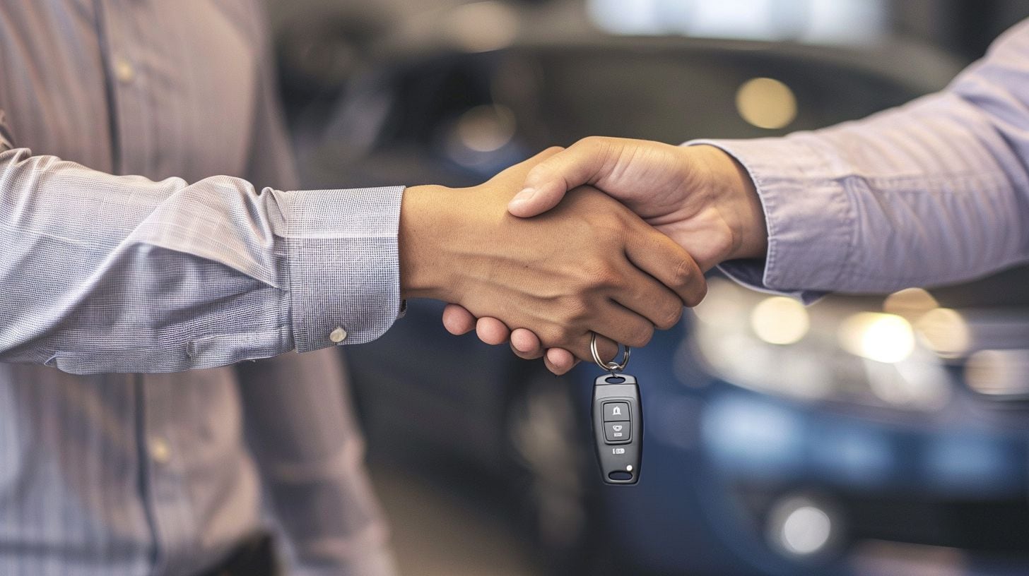 Dos hombres adultos cierran un acuerdo de compra de auto, pasándose la llave del mismo de mano en mano - (Imagen Ilustrativa Infobae)