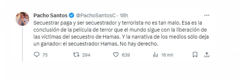 Las palabras de Santos fue una crítica directa hacia la percepción que se ha generado en torno a la liberación de personas secuestradas, planteando la idea de que esta acción beneficia al grupo guerrillero, considerándolos como ganadores en la narrativa mediática - crédito @PachoSantosC/X
