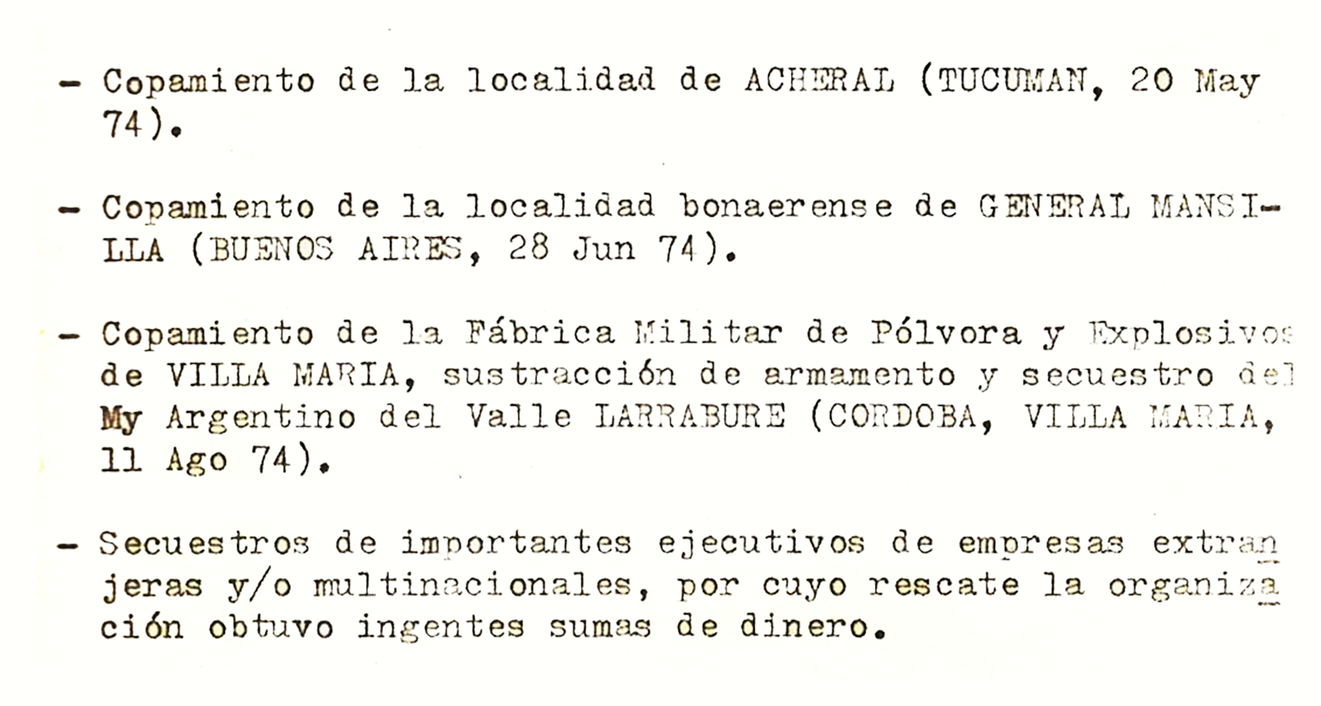 Informe de Inteligencia de octubre 1974 para la presidente “Isabel”
