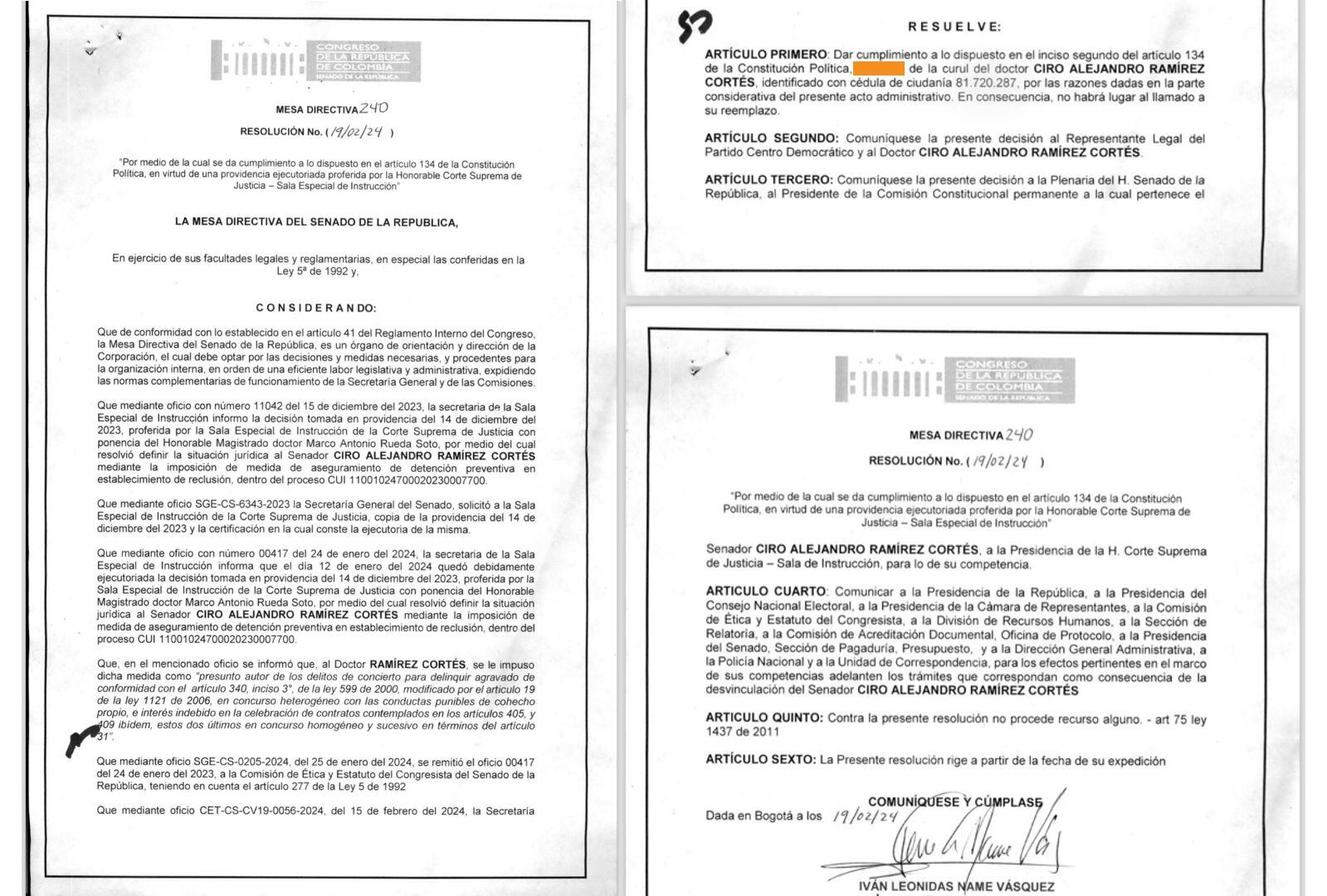 La resolución del 19 de febrero de 2024 decretó la silla vacía del exsenador Ciro Ramírez, por lo que el Centro Democrático pierde una curul en el Senado - crédito Senado de la República