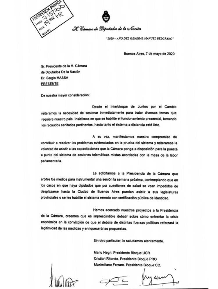La carta de los legisladores opositores a Sergio Massa