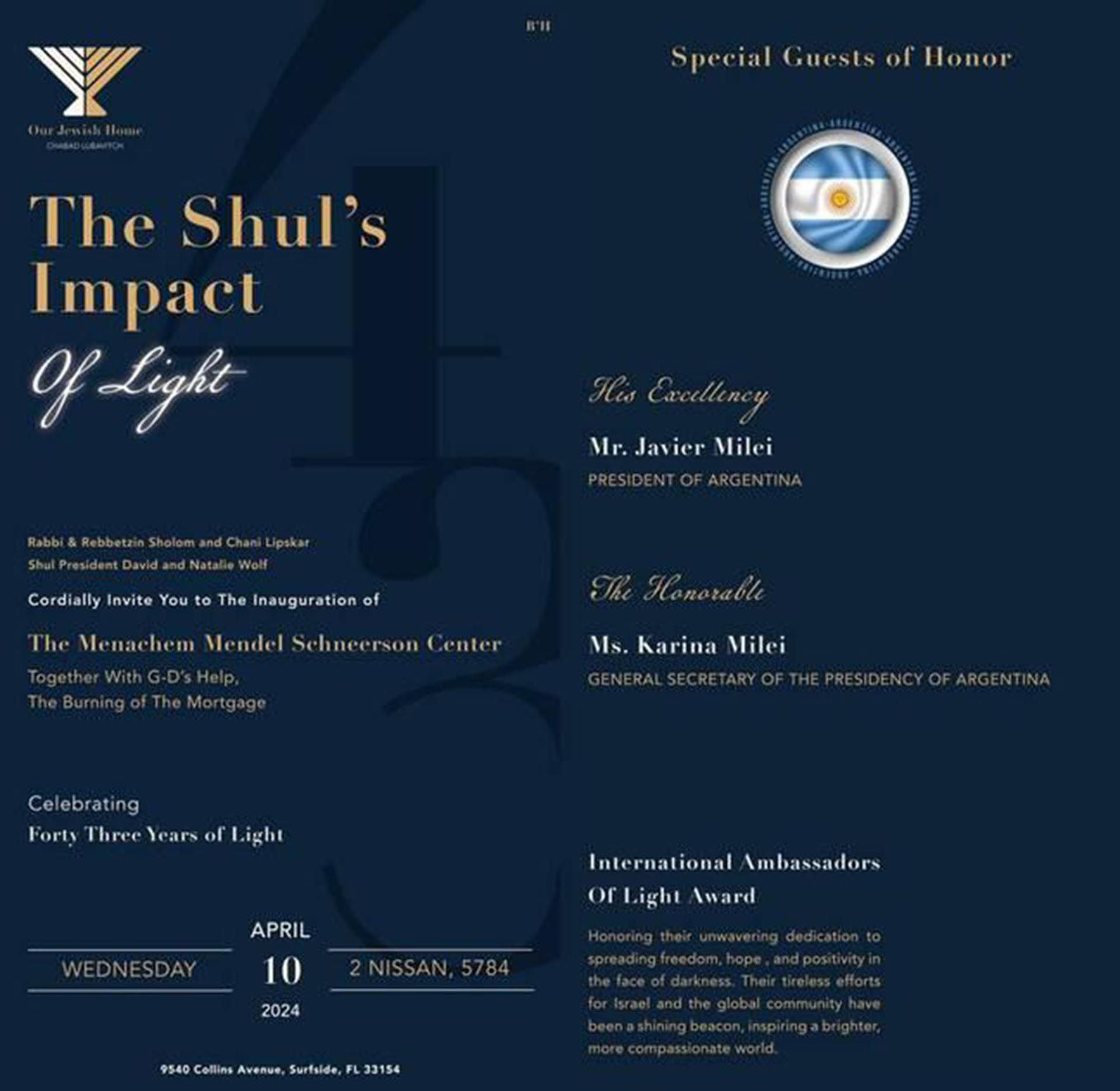 Invitación Javier Milei y Karina Milei The Shul's Impact of Light