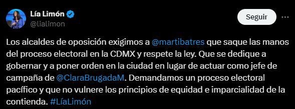 Lía Limón señaló a Martí Batres por sus intervenciones en favor de la administración de la CDMX (X@lialimon)
