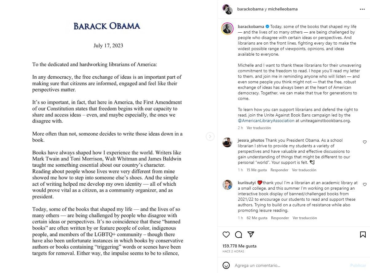 Barack Obama escribió una carta donde critica la edición de libros históricos que les cambie el sentido original. (Instagram)