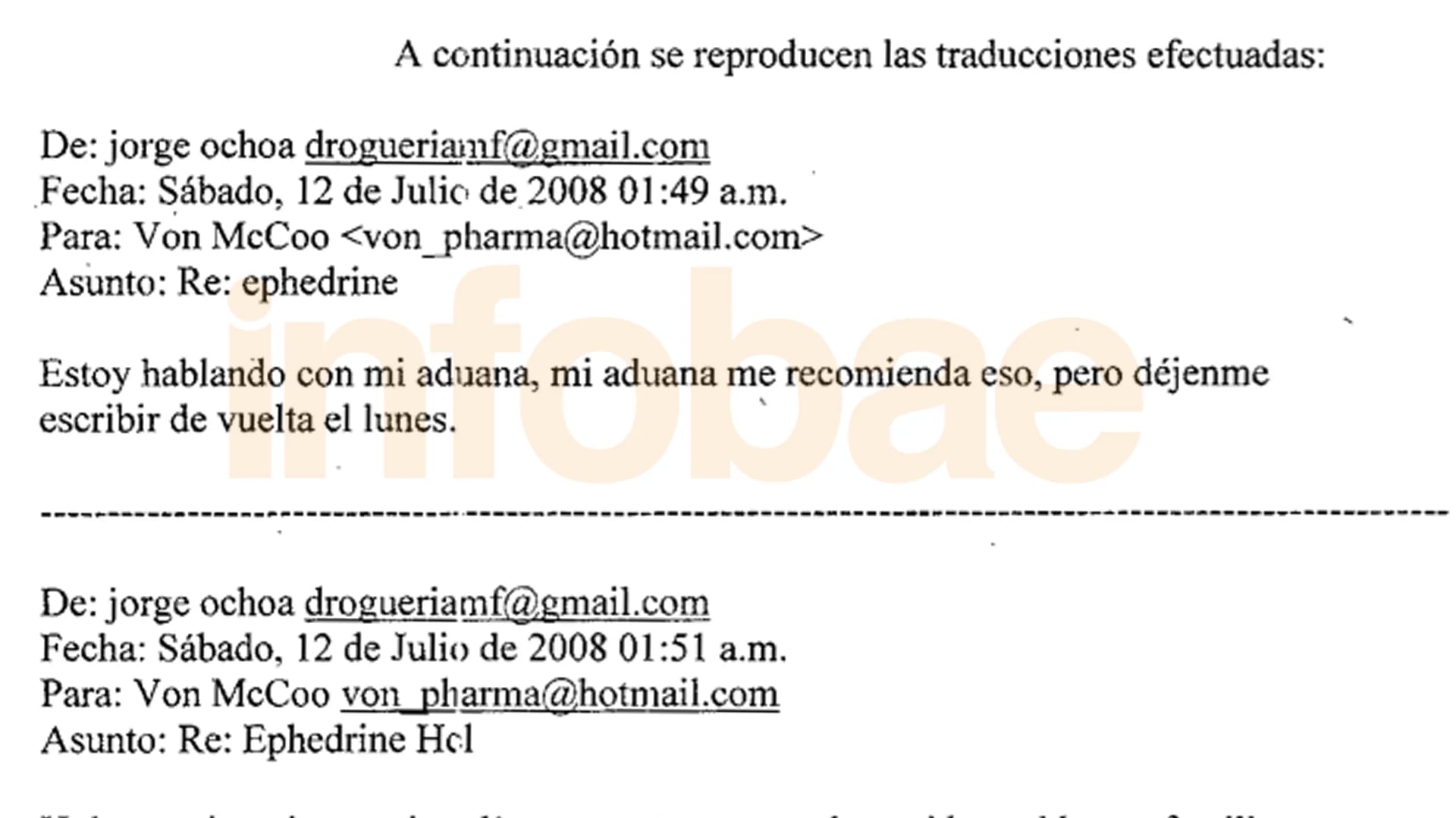 Captura de uno de los mails que complican a Pérez Corradi