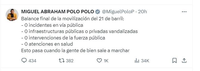 Miguel Polo Polo da su balance de las marchas del 21 de abril - crédito @MiguelPoloP