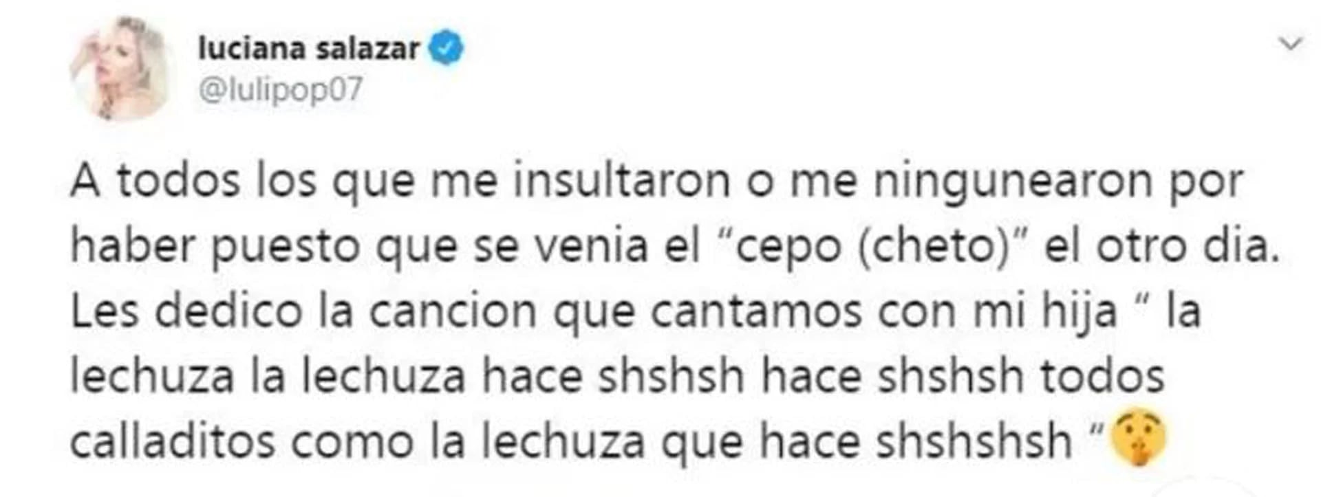 El mensaje de Luli Salazar para sus seguidores luego de confirmarse las restricciones cambiarias (foto: twitter)