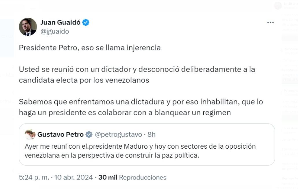 Juan Guaidó arremetió contra Gustavo Petro al señalar que él solo estaba legitimando el régimen de Nicolás Maduro - crédito @jguaido/X