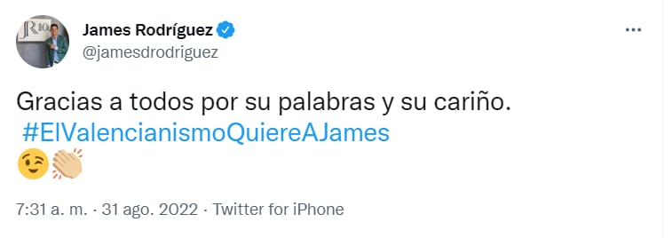James Rodríguez agradece a los hinchas del Valencia CF