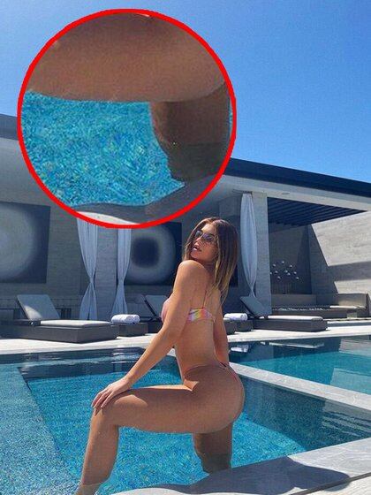 Kylie Jenner no se dio cuenta que el borde de su piscina deformado revelaba su truco.