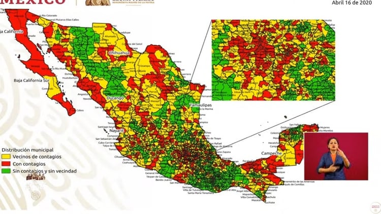 En el mapa se observan los tres colores que representan las zonas de más contagios. (Foto: Especial)