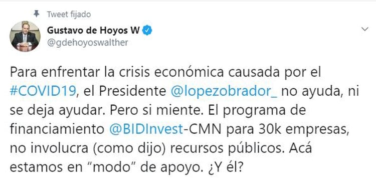El presidente de la Coparmex aseguró que amlo no ayuda ni se deja ayudar ante la crisis económica por COVID-19 (Foto: Twitter / @gdehoyoswalther)