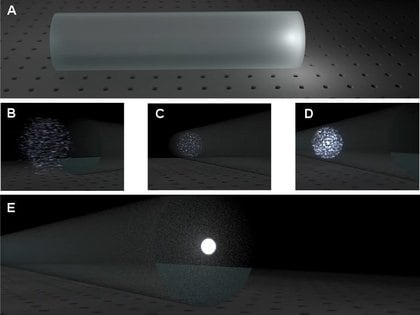 Todo comienza con (A) un punto de luz que se extiende sobre una fibra óptica;  (B) El objeto 3D que representa la luz dispersada en el otro extremo se esculpe y se envía de regreso a la fibra (C y D), alcanzando el origen exactamente como el punto de luz inicial (E).