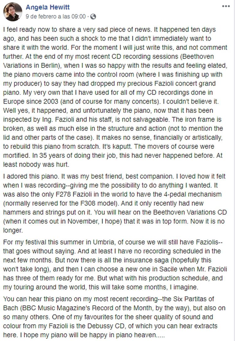 La conmovedora carta que Hewitt publicó en su cuenta de Facebook