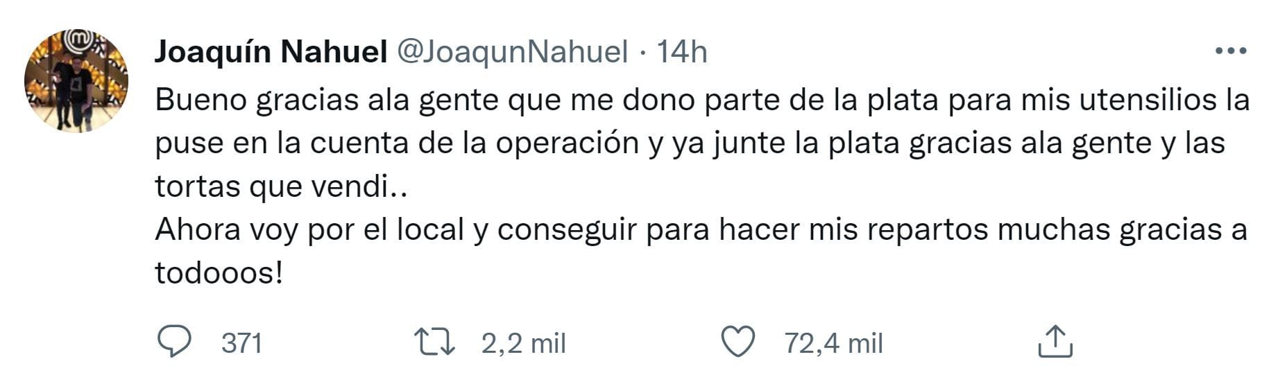 El mensaje de Joaquín Nahuel en su Twitter