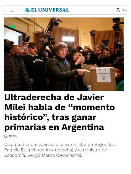 La nota principal de El Universal, de México, sobre el resultado de las elecciones primarias en Argentina. 