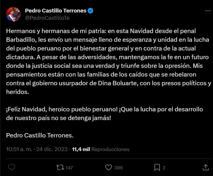 Pedro Castillo emitió mensaje por Navidad desde Barbadillo. Twitter.