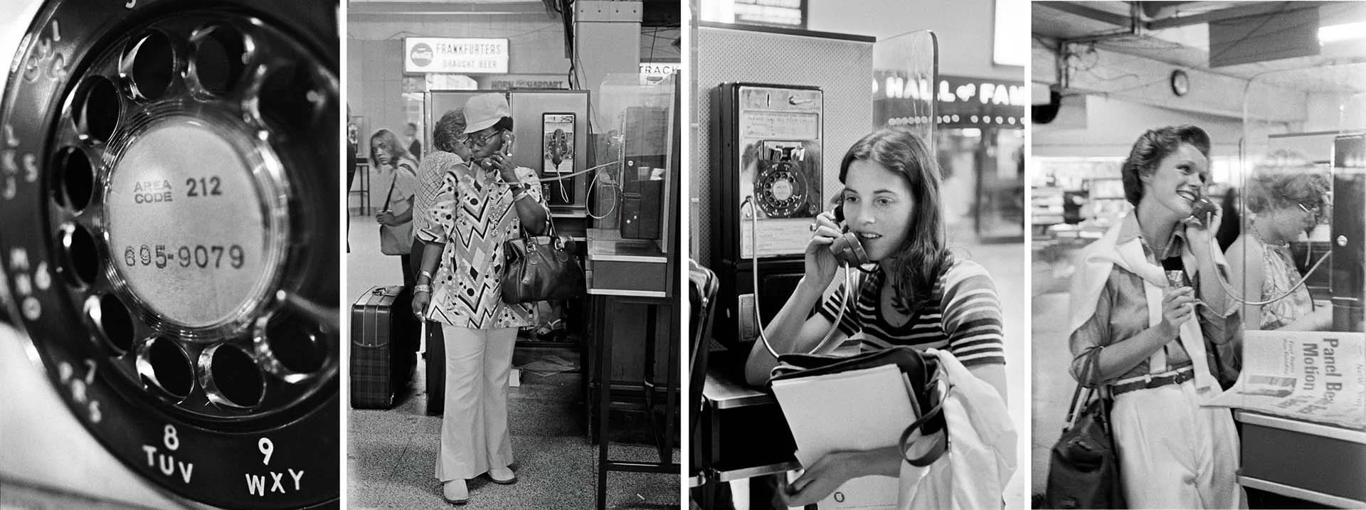Usuarias del metro hablaban en el teléfono público más usado de la ciudad de Nueva York, ubicado en el piso inferior de la Estación Pensilvania, cerca de la cabina de información de Long Island Rail Road. 26 de julio de 1974. Credit Tyrone Dukes/The New York Times