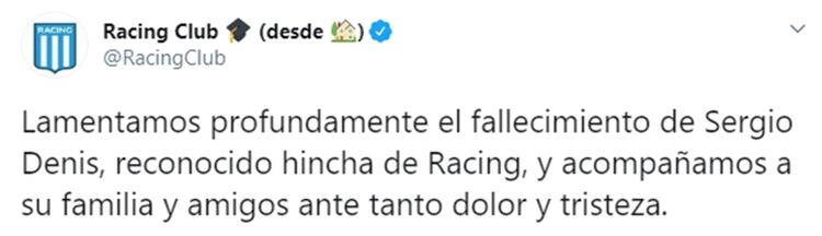 El mensaje de Racing, el club de sus amores, para Sergio Denis (Foto: Twitter)