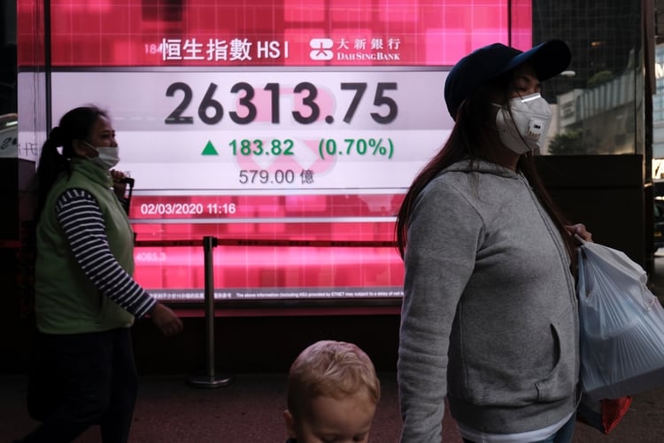 Las personas usan máscaras protectoras cuando pasan frente a un panel que muestra el índice Hang Seng durante el comercio matutino luego del brote del nuevo coronavirus en Hong Kong (Reuters)