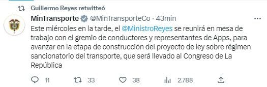 Tuit del MinTransporte sobre mesa de trabajo con conductores de plataformas en Bogotá