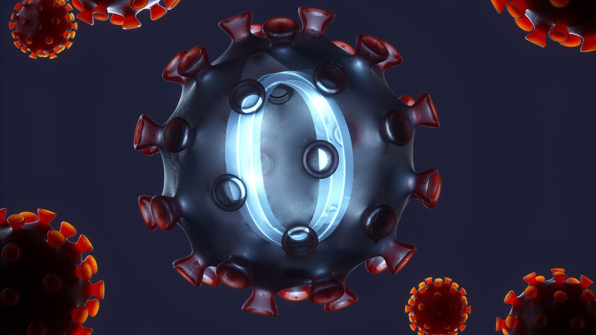 La variante Ómicron presenta 50 mutaciones respecto al virus original y es más contagiosa, pero menos letal (3D Render)