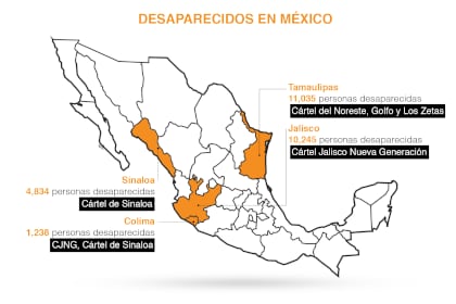 Los estados que lideran las desapariciones forzadas en el país. Todos ellos con gran presencia del narco (Mapa: Infobae México)