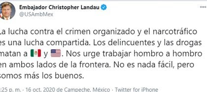 Lndau dijo que las drogas estaban matando a México y Estados Unidos (Foto: Twitter / USAmbMex)