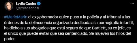 La periodista reveló que presuntamente el exgobernador estaría seguro de no ser sentenciado debido a su presunto vínculo con Manuel Bartlett (Twitter/@lydiacachosi)