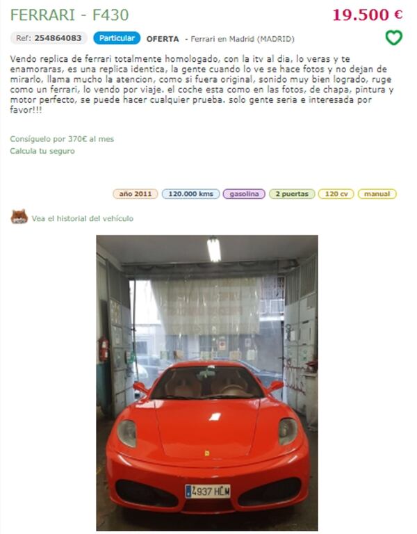 Un ejemplo de cómo se comercializan en España los vehículos réplica de Ferrari