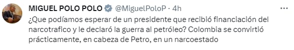 El senador MIguel Polo Polo mencionó dos acusaciones principales: la financiación del narcotráfico y la declaración de guerra al petróleo por parte del presidente de Colombia - crédito @MiguelPoloP/X