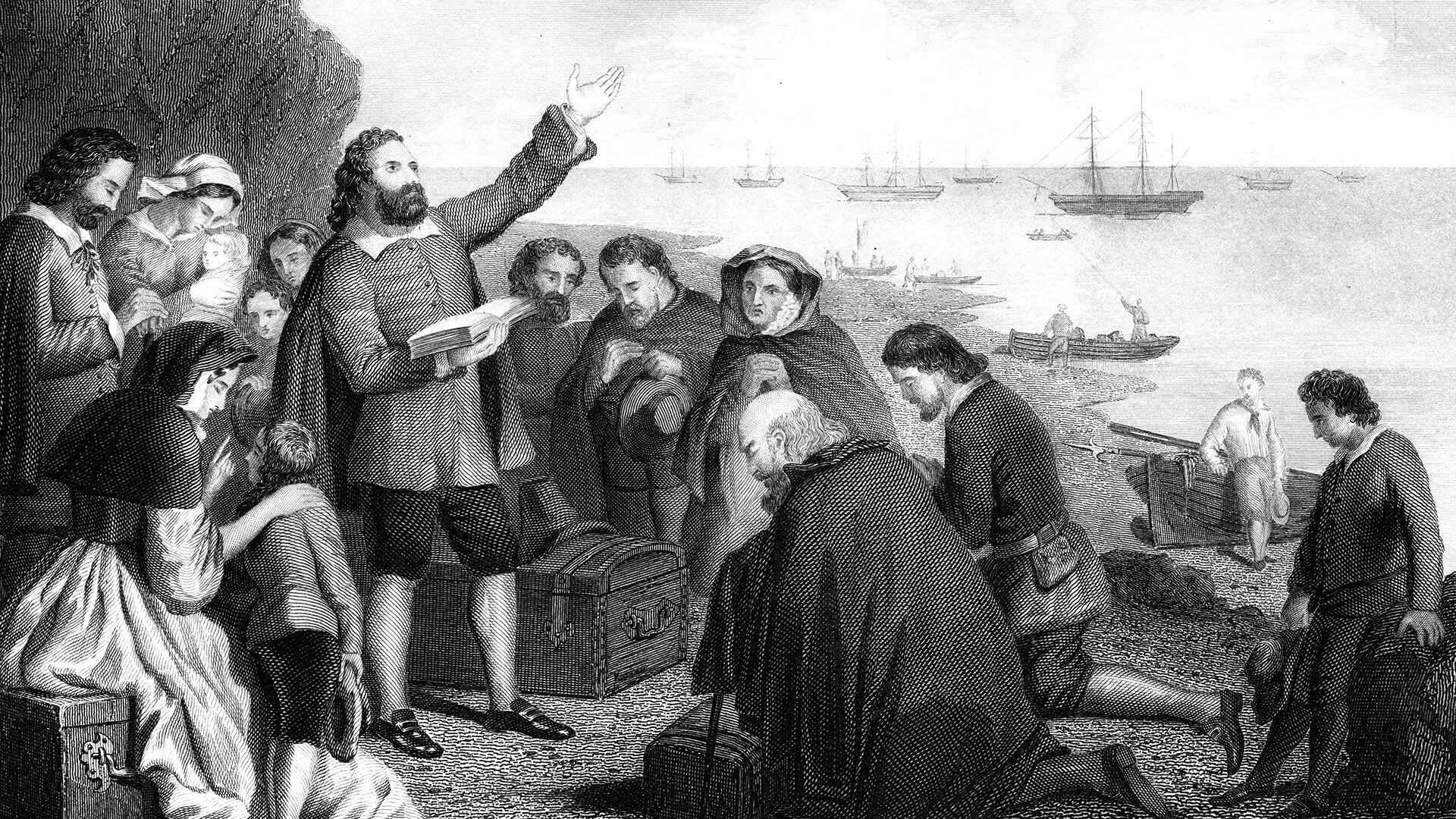 Embarque de los Padres Peregrinos en 1620. Puritanos de la Iglesia Separatista inglesa, huyeron de la persecución religiosa en 1609 y se exiliaron en los Países Bajos. Decidieron buscar una nueva vida en el Nuevo Mundo y zarparon de Delft en un pequeño barco, el "Speedwell", para encontrarse con otro navío, el "Mayflower". Resultó que sólo el Mayflower podría soportar los rigores del viaje trasatlántico, y todos los peregrinos zarparon a bordo de él desde Plymouth. Desembarcaron en Nueva Inglaterra 102 días después (Photo by The Print Collector/Print Collector/Getty Images)