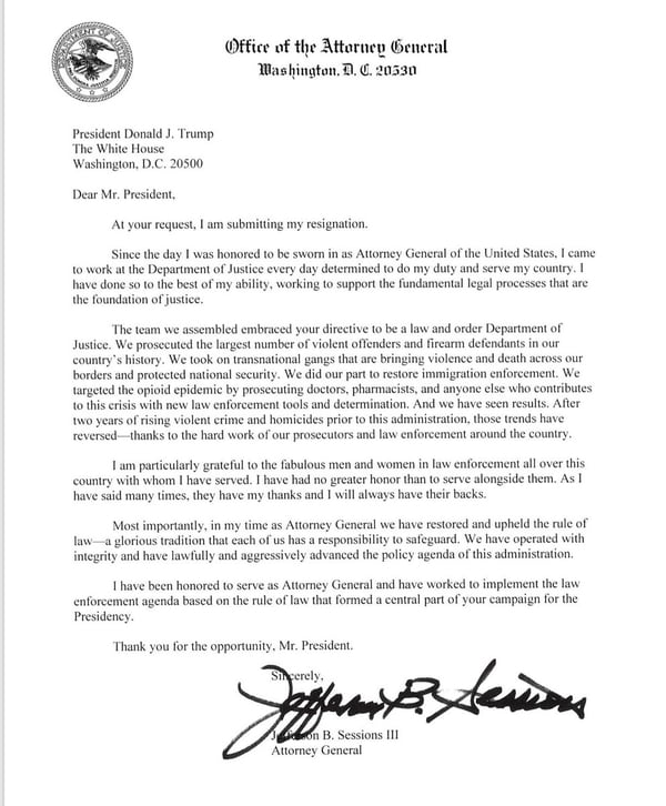 La carta de renuncia de Jeff Sessions
