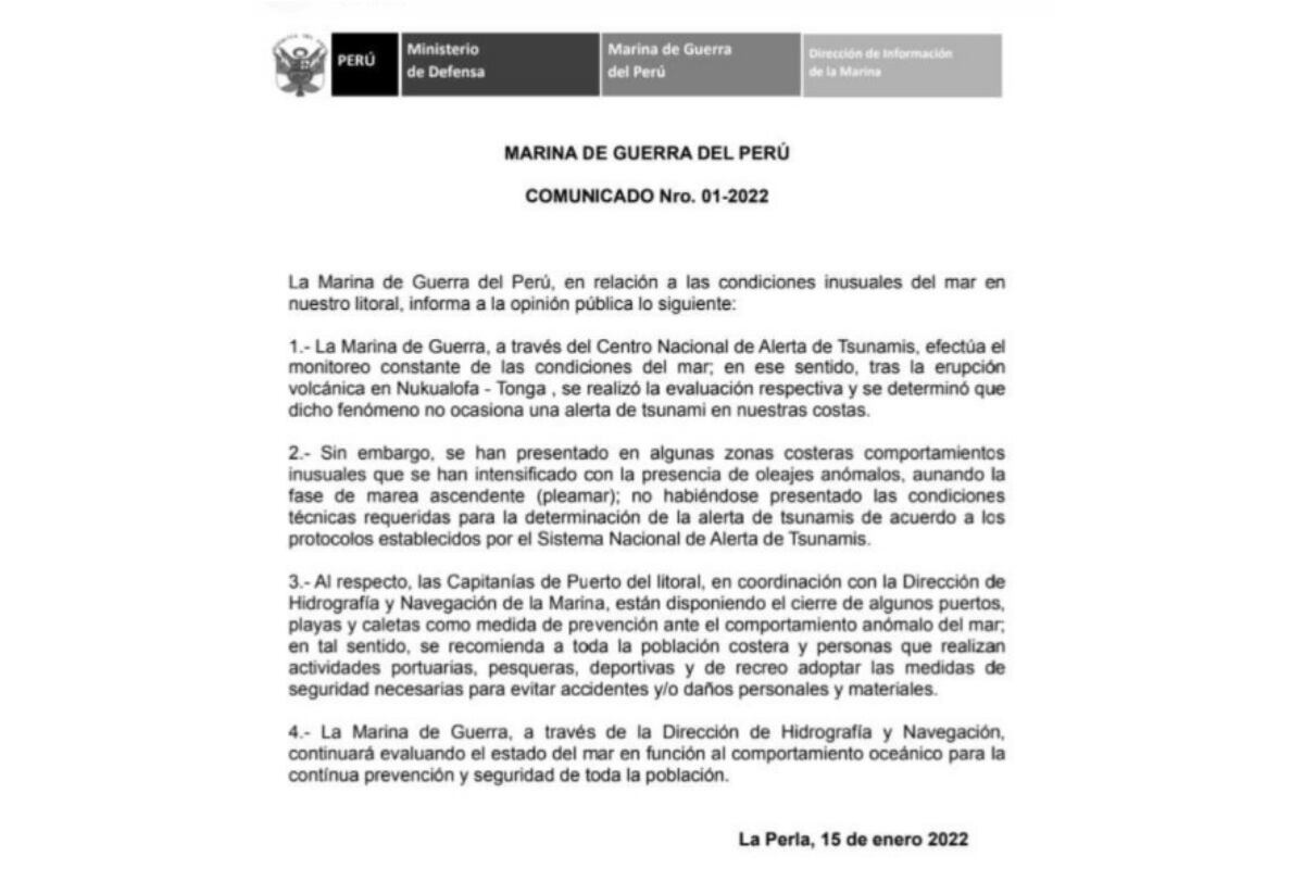 Marina de Guerra del Perú explica por qué no emitió alerta de tsunami