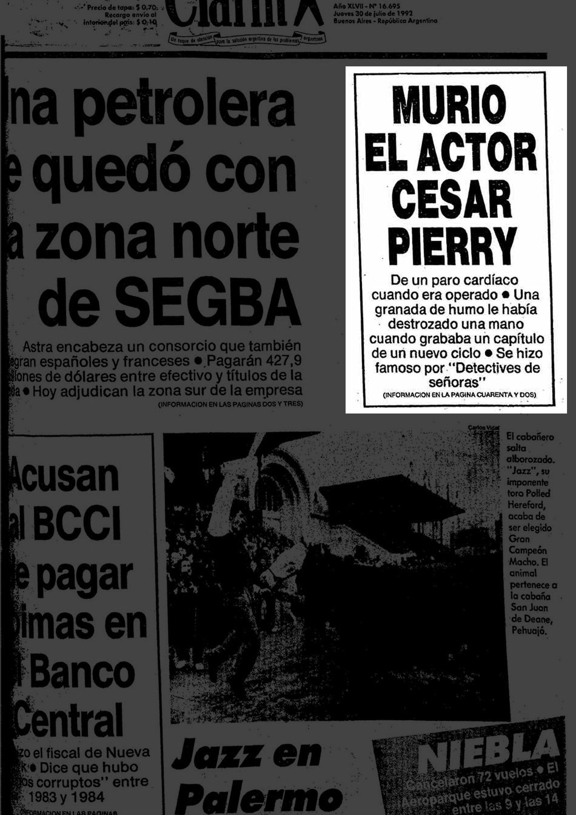 Tapa diario Clarín del 30 de julio de 1992