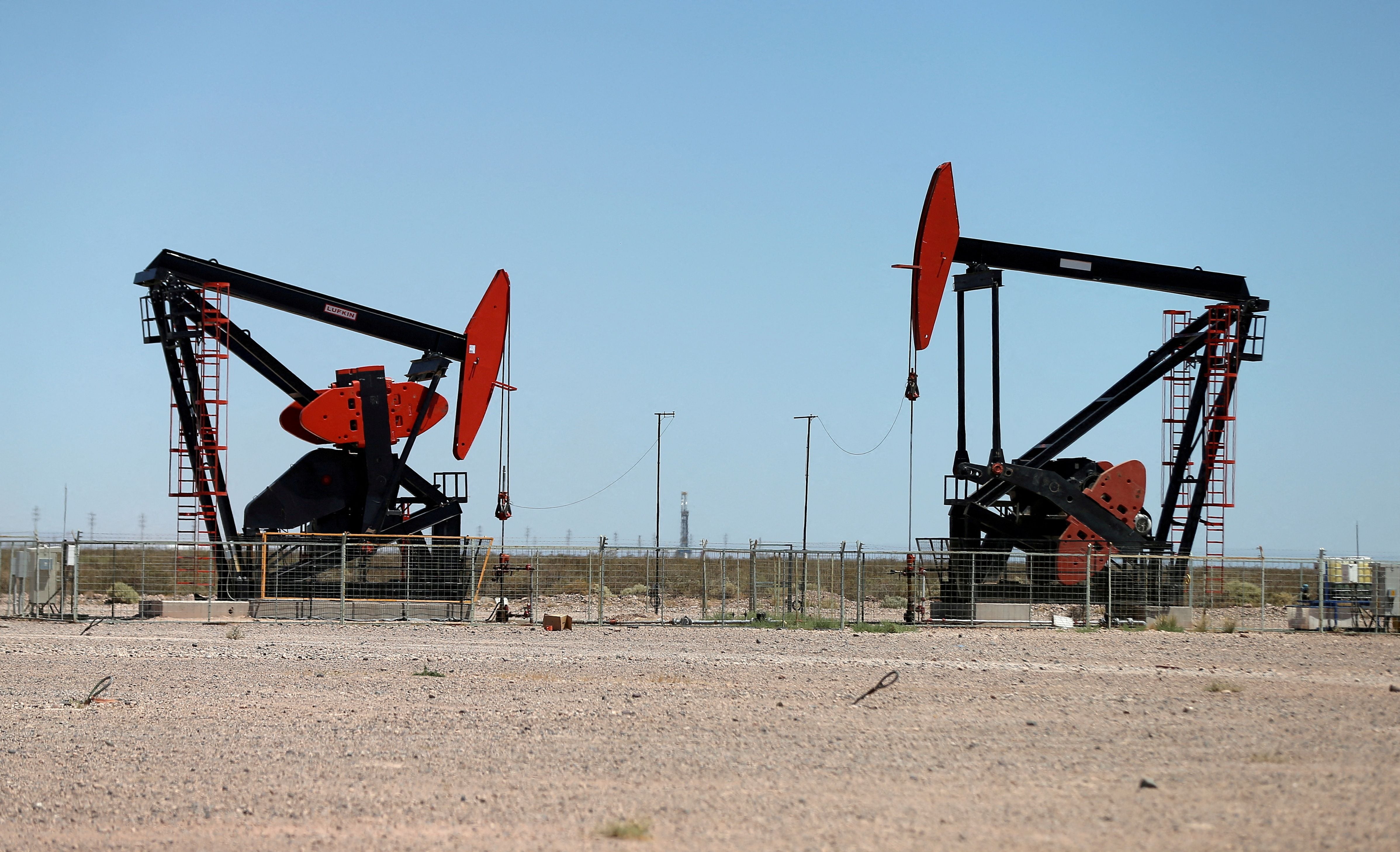 Una imagen típica que se observa en Vaca Muerta, la región petrolera más productiva de la Argentina.